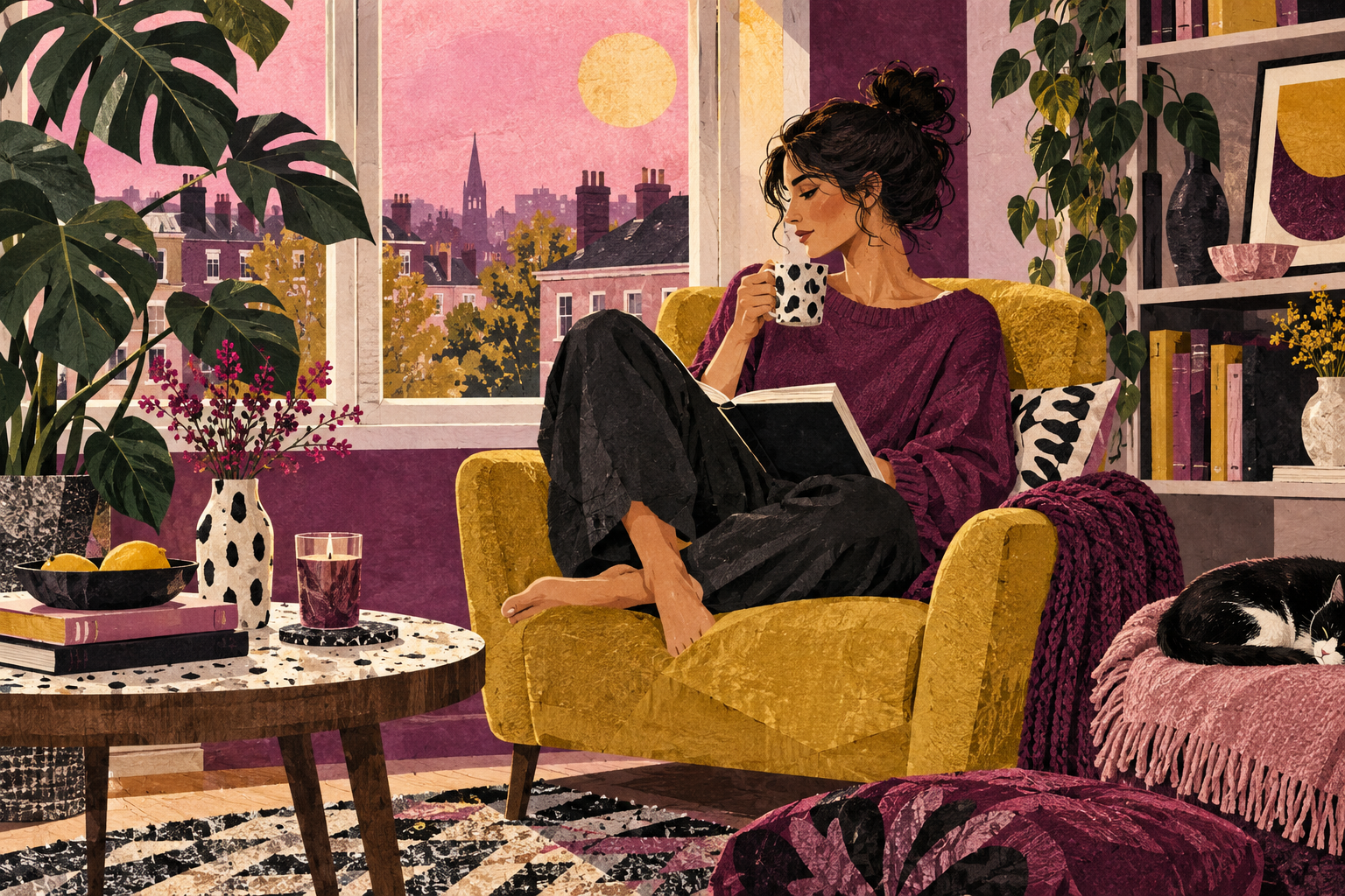 Paper collage of a woman in her own apartment, with a reading chair, plants and a notebook