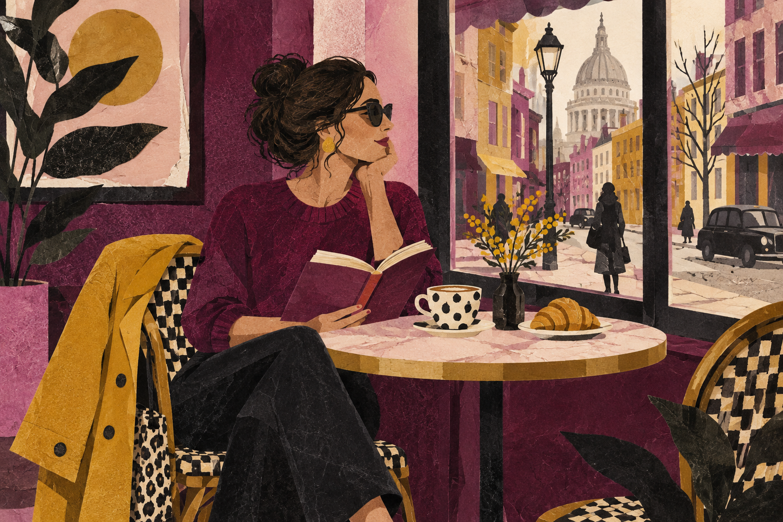 Paper collage of a woman enjoying a café table with a book and a cup